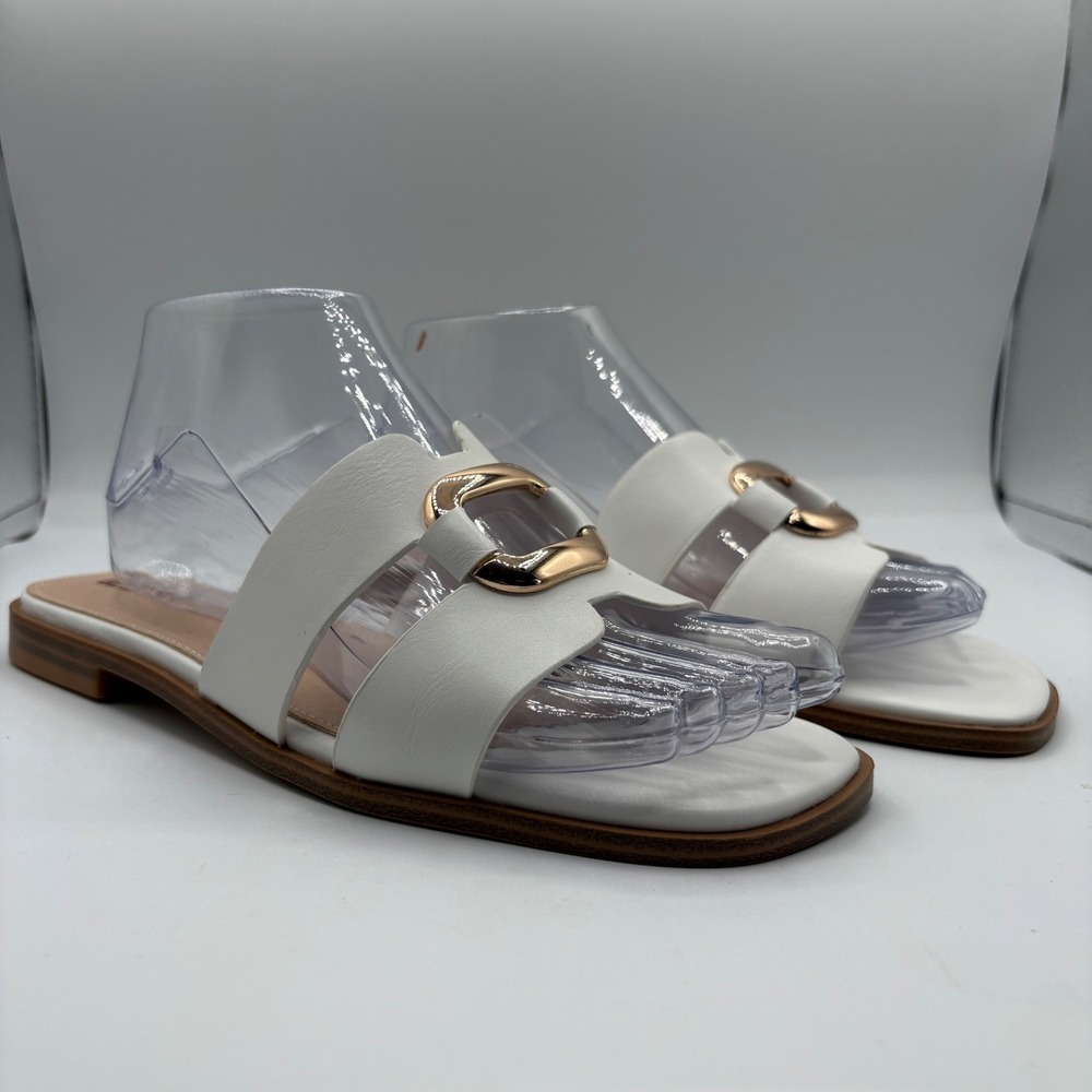 IDIFU Womens White Slide Sandals Gold Buckle Square Toe Flat Shoes‎ Size 8.5